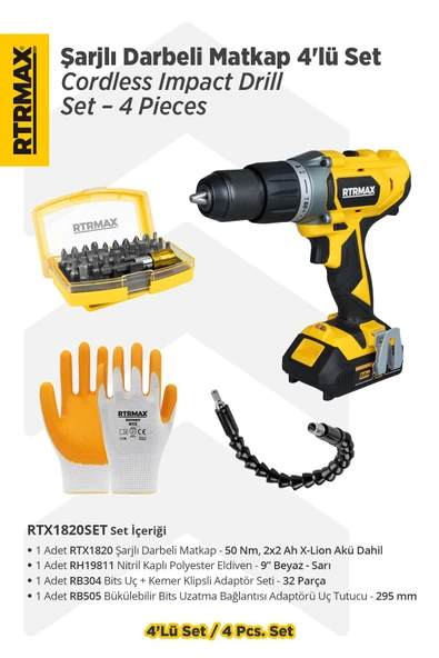 RTX1820SET Şarjlı Darbeli Matkap 4'lü Set -Bits Uç + Kemer Klipsli Adaptör Seti-Uç Tutucu-Eldiven ürün görseli 1