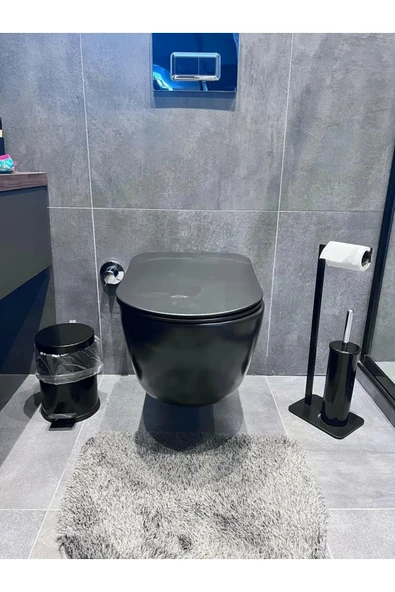 AJU Tuvalet Kağıtlığı Fırçalık ve Pedallı Çöp Kovası Seti – Modern ve Şık Siyah Metal Tasarım ürün görseli 1