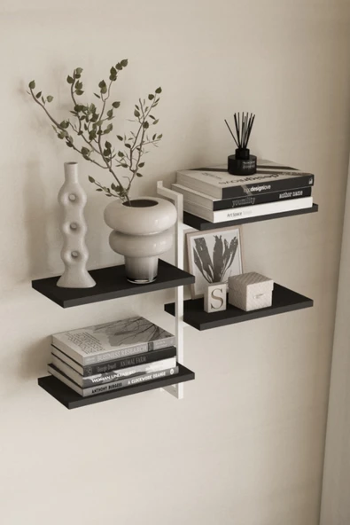 AJU 4 Katlı Duvar Rafı Metal Çerçeveli Dekoratif Kitaplık ve Raf Ünitesi Modern ve Minimalist Tasarım ürün görseli 1