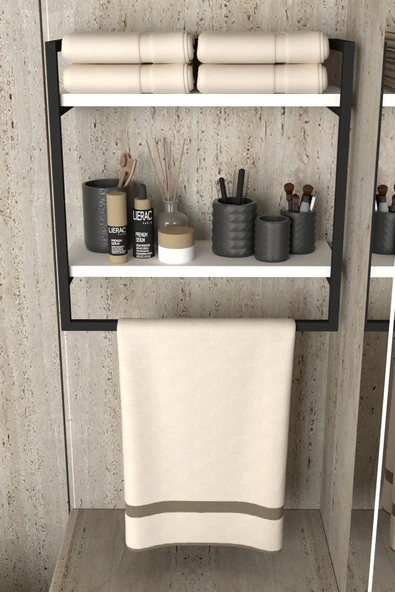 AJU Havluluk 2 Katlı Duvara Monte Raf Aksesuarlık Şal Askılığı Banyo Mutfak Düzenleyici Çok Amaçlı Raf ürün görseli 1