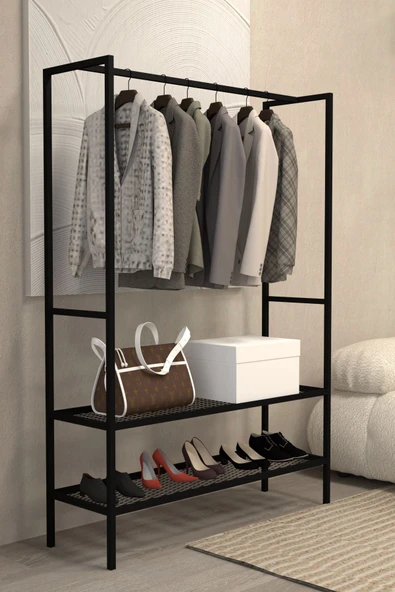 AJU Gardırop Açık Elbise Askılığı Ayakkabılık Metal Butik Askılık 2Raflı Çok Amaçlı Modern Elbise Dolabı ürün görseli 1