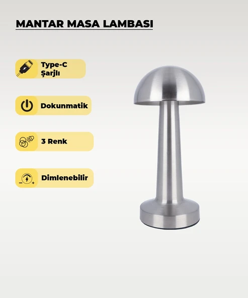 Krom Mantar Masa Lambası - Dokunmatik - 3 Renk Işık ürün görseli 1