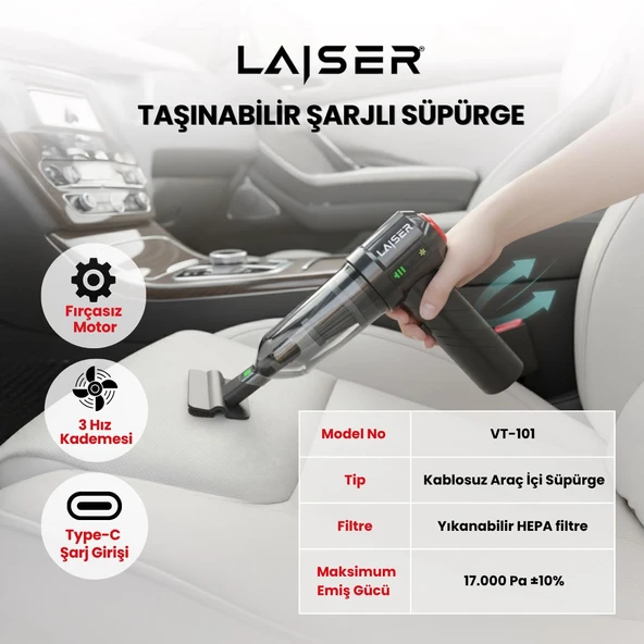 Laiser Mini, Katlanabilir LED Ekranlı 17.000 PA 3ın1 Çekme-Vakum-Üfleme Özellikli Şarjlı Araç Süpürgesi ürün görseli 1