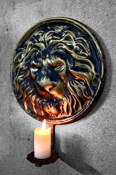 AJU Metal Aslan Figürlü Dekoratif Duvar Şamdan Mumluk - Siyah ve Gold Eskitme Tasarım, Şık ve Asil Dekor ürün görseli 1