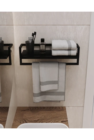 AJU Havluluk Siyah Duvara Monte Raf Aksesuarlık Şal Askılığı Banyo Mutfak Düzenleyici Çok Amaçlı Raf ürün görseli 1