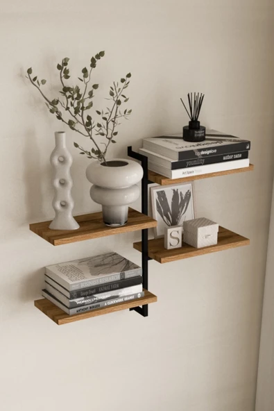 AJU 4 Katlı Duvar Rafı Metal Çerçeveli Dekoratif Kitaplık ve Raf Ünitesi Modern ve Minimalist Tasarım ürün görseli 1