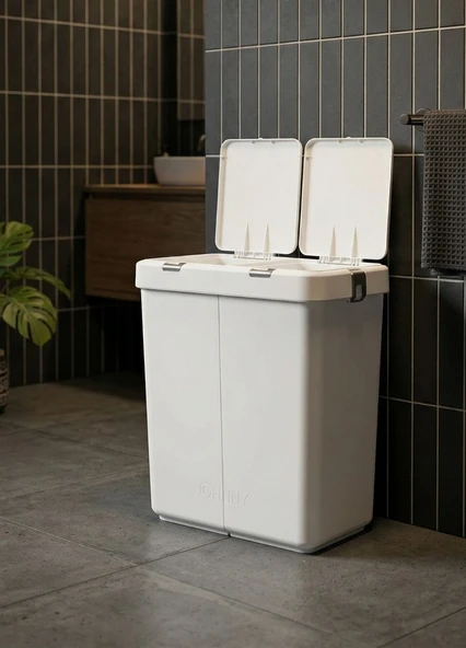 Çamaşır Sepeti İki Bölmeli Kirli Sepeti Beyaz Gövde Gri Tuş Takımlı 80 Litre ürün görseli 1