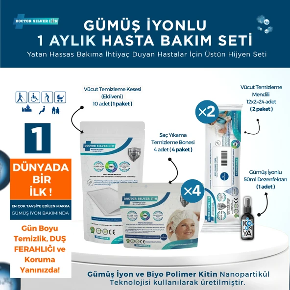 Gümüş İyonlu 1 Aylık Hasta Bakım Seti , (Vücut Kesesi, 2x Mendil, 4x Saç Bonesi, 50 ml Dezenfektan) ürün görseli 1