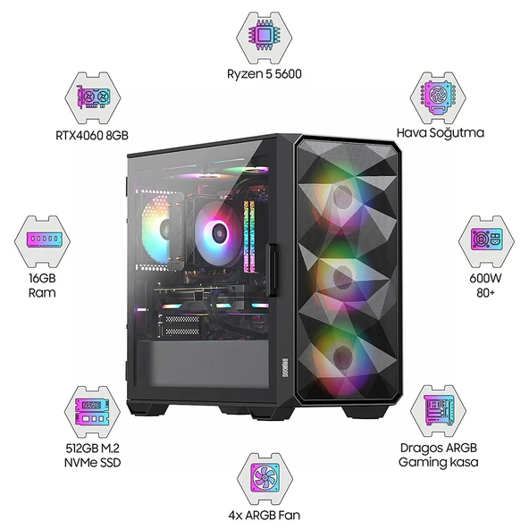 Dragos DRx5245 Ryzen 5 5600 16GB Ram 512GB M.2 NVMe SSD Gigabyte Windforce 8GB RTX5060 Ekran Kartı Oem Paket ürün görseli 1