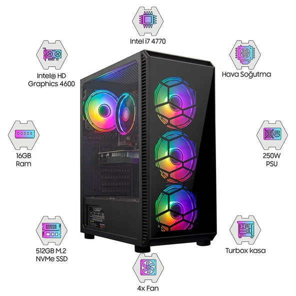 Turbox Tx3691 i7 4770 16GB Ram 512GB M.2 NVMe SSD 4GB GT740 GDDR5 Oem Paket ürün görseli 1