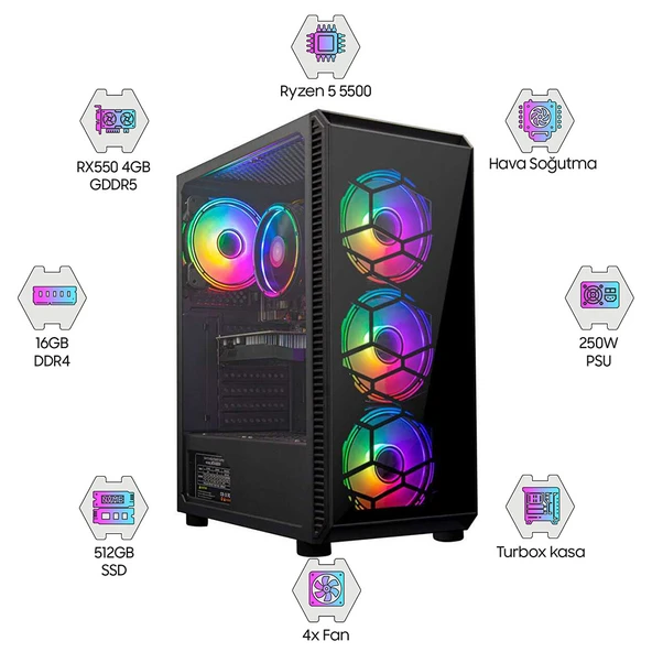 Turbox Tx4891 Ryzen 5 5500 16GB DDR4 512GB SSD 4GB RX550 GDDR5 Oem Paket ürün görseli 1