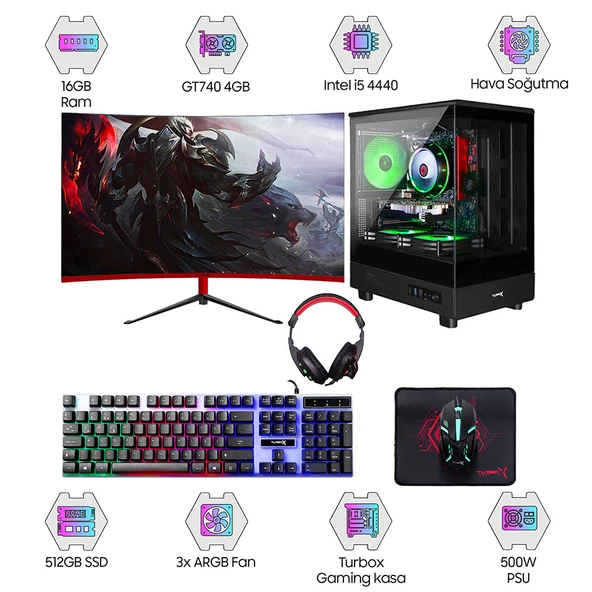 Turbox Tx6009 i5 4440 16GB Ram 512GB SSD 4GB GT740 23.6 75Hz Curved Oem Paket ürün görseli 1