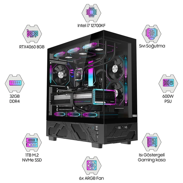 Dragos DRx7157 i7 12700KF 32GB Ram 1TB NVMe Gigabyte Windforce 8GB RTX5060 Oem Paket ürün görseli 1