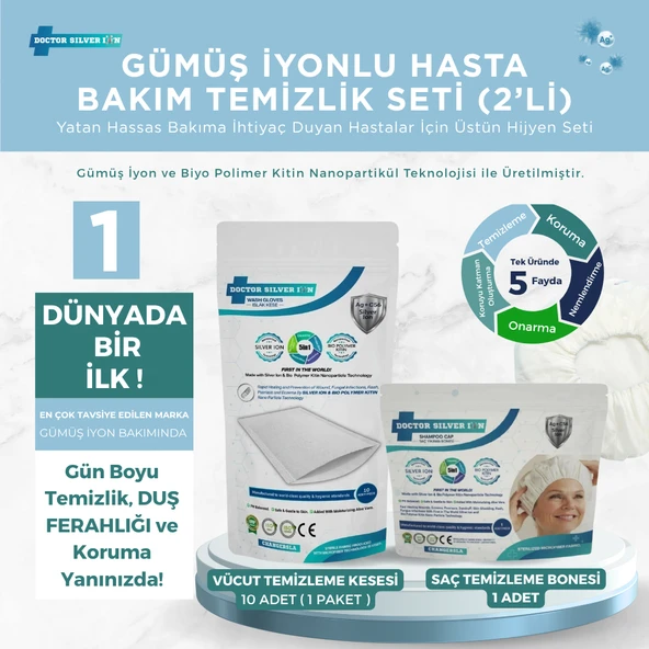 Gümüş İyonlu 2'li Hasta Hijyen Saç Yıkama Bonesi ve Vücut Temizleme Kesesi Temizlik Seti ürün görseli 1