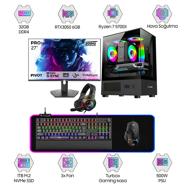 Dragos DRx6885 Ryzen 7 5700X 32GB Ram 1TB NVMe ASUS RTX3050 27 inç 200HZ Pivot Monitör Oem Paket ürün görseli 1