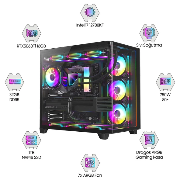 Dragos DRx7438  i7 12700KF 32GB DDR5 Ram 1TB NVMe SSD 16GB RTX5060Ti Oem Paket ürün görseli 1