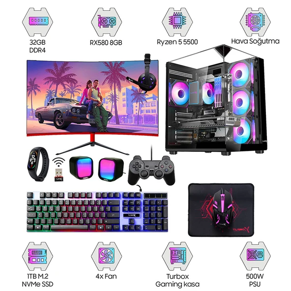 Turbox Tx6391 Ryzen 5 5500 32GB 1TB NVMe SSD 8GB RX580 23.8 Curved Monitör Oem Paket ürün görseli 1