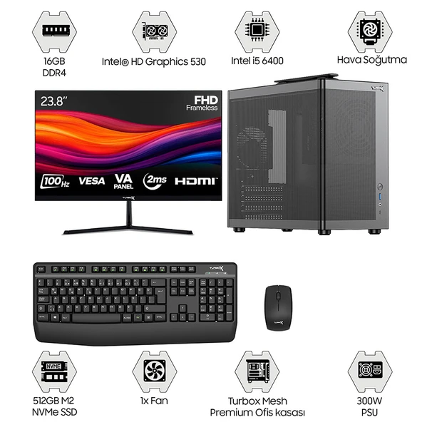 Turbox Tx7204 i5 6400 16GB DDR4 512GB M.2 NVMe SSD 23.8 inç Monitör Oem Paket ürün görseli 1