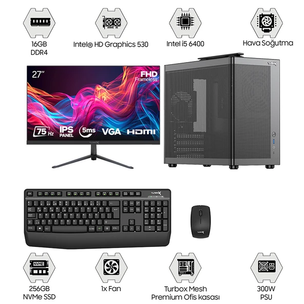 Turbox Tx7213 i5 6400 16GB DDR4 256GB NVMe SSD 27 inç Monitör Oem Paket ürün görseli 1