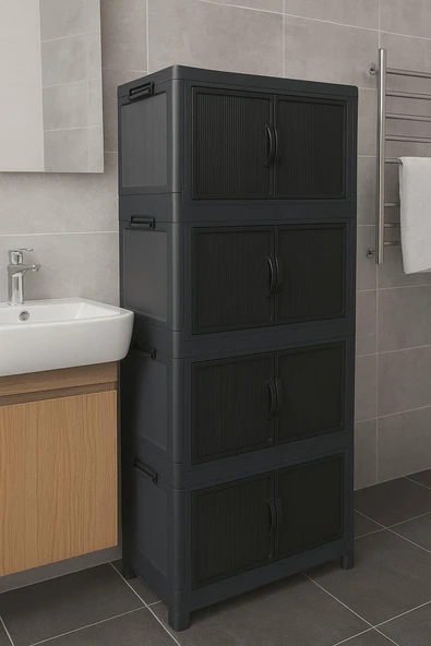 Mandella Safir 4 Lü Özel Set Katlanabilir Modüler Çok Amaçlı Kapaklı Portatif Istiflenebilir Organizer Dolap Antrasit ürün görseli 1