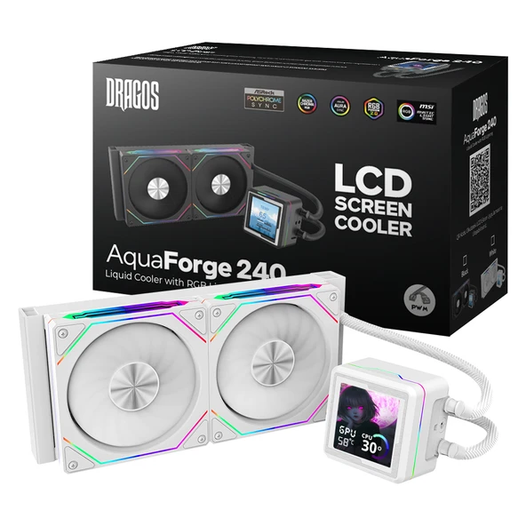 Dragos AquaForge V2 240MM Beyaz ARGB LCD Ekranlı İşlemci Sıvı Soğutucu ürün görseli 1