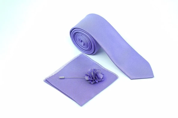 Brianze Lila Kravat Mendil Yaka Çiçeği Set - Resim 4