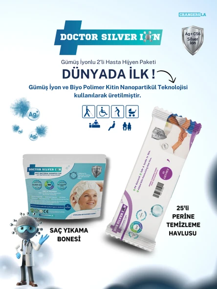 Gümüş İyonlu 2'li Hasta Hijyen 25'li Perine Islak Mendili ve Saç Yıkama Bonesi Temizlik Seti ürün görseli 1