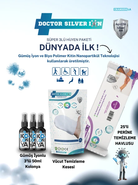 Gümüş İyonlu 3'lü 50ml Kolonya, Vücut Temizleme Kesesi ve 25'li Perine Islak Mendili Temizlik Seti ürün görseli 1