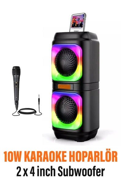 EXENAR Extra Bass Bluetooth Hoparlör Speaker Karaoke Mikrofonlu 10W 2x4inç Subwoofer RGB Işıklı 1500mAh TWS ürün görseli 1