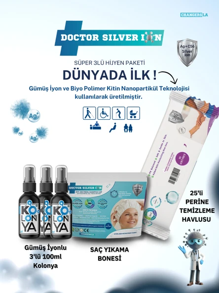 Gümüş İyonlu 3'lü 100ml Kolonya, Saç Yıkama Bonesi ve 25'li Perine Islak Mendili Temizlik Seti ürün görseli 1