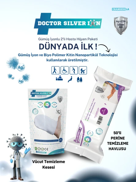 Gümüş İyonlu 2'li Hasta Hijyen Vücut Temizleme Kesesi ve 50'li Perine Islak Mendili Temizlik Seti ürün görseli 1