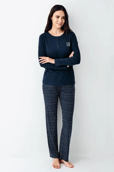Arnetta Make Me Happy Kadın Modal Pamuklu Rahat Uzun Kollu Pijama Takım ürün görseli 1