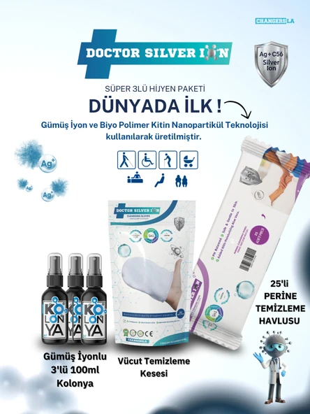 Gümüş İyonlu 3'lü Hijyen Seti , Kolonya + Vücut Temizleme Kesesi + 25'li Perine Mendili ürün görseli 1