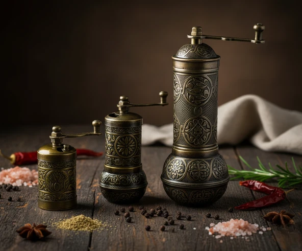 LUDIA Zamak Metal Antik Renk 3 lü Set Karabiber,Kahve,Çörek Otu El Değirmeni Öğütücü Grinder ürün görseli 1