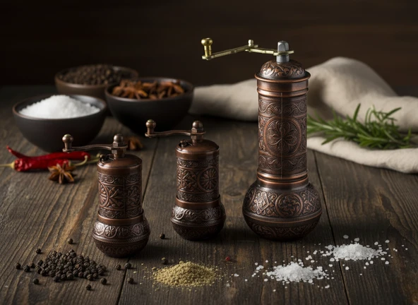 LUDIA Zamak Metal Bakır Renk 3 lü Set Karabiber,Kahve,Çörek Otu El Değirmeni Öğütücü Grinder ürün görseli 1