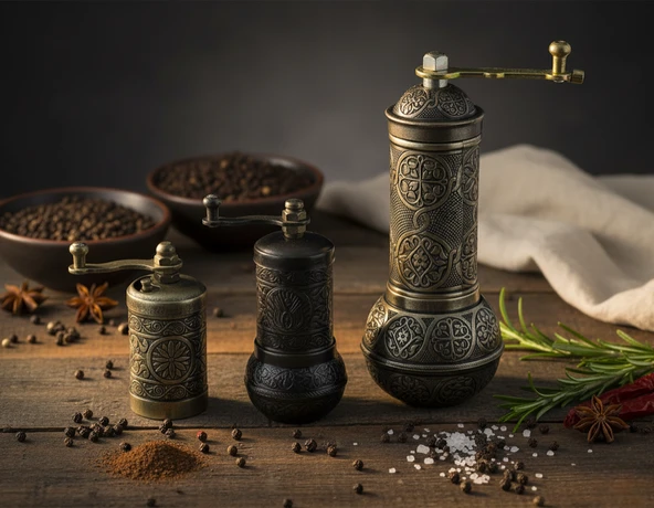LUDIA Zamak Metal Kalay Renk 3 lü Set Karabiber,Kahve,Çörek Otu El Değirmeni Öğütücü Grinder ürün görseli 1