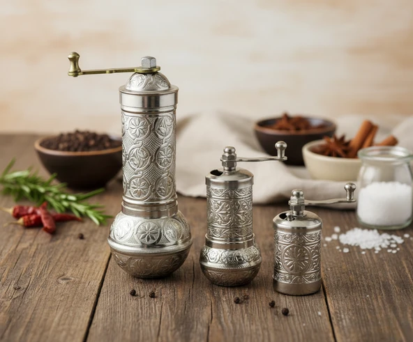 LUDIA Zamak Metal Gümüş Renk 3 lü Set Karabiber,Kahve,Çörek Otu El Değirmeni Öğütücü Grinder ürün görseli 1