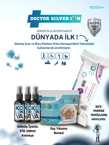 Gümüş İyonlu 3'lü 100ml Kolonya, Saç Yıkama Bonesi ve 50'li Perine Islak Mendili Temizlik Seti ürün görseli 1
