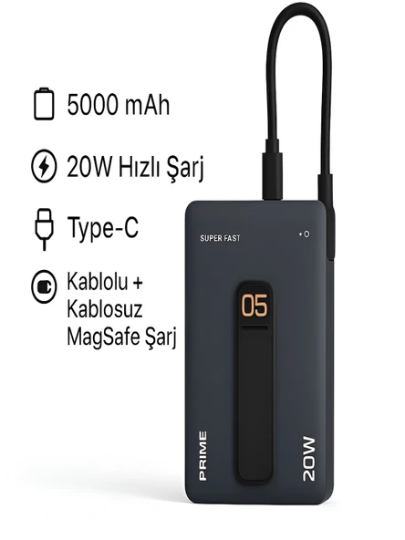 5000mAh 20W Hızlı Şarj Kablosuz Magsafe Powerbank Type-C Kablolu/Girişli Standlı Siyah ürün görseli 1