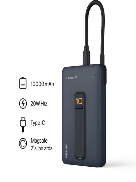 10000mAh 20W Hızlı Şarj Kablosuz Magsafe Powerbank Type-C Kablolu/Girişli Standlı Siyah ürün görseli 1