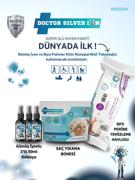 Gümüş İyonlu 3'lü 50ml Kolonya, Saç Yıkama Bonesi ve 50'li Perine Islak Mendili Temizlik Seti ürün görseli 1