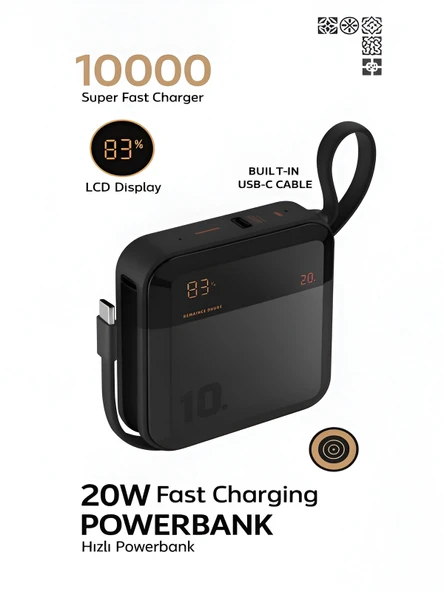10000mAh Dijital Göstergeli Type-C Kablolu/Girişli 20W Hızlı Şarjlı Powerbank Siyah ürün görseli 1