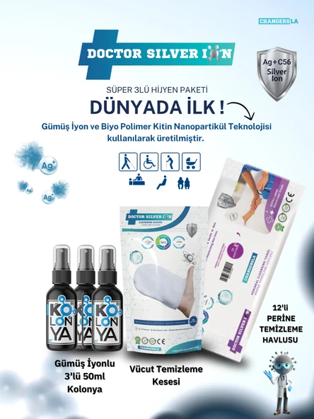 Gümüş İyonlu 3'lü 50ml Kolonya , Vücut Temizleme Kesesi ve 12'li Perine Islak Mendili Temizlik Seti ürün görseli 1
