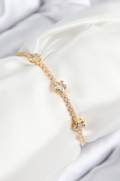 Pirinç Zirkon Taşlı Yıldız Model Gold Renk Asansörlü Kadın Bileklik TJ-BB7737 ürün görseli 1