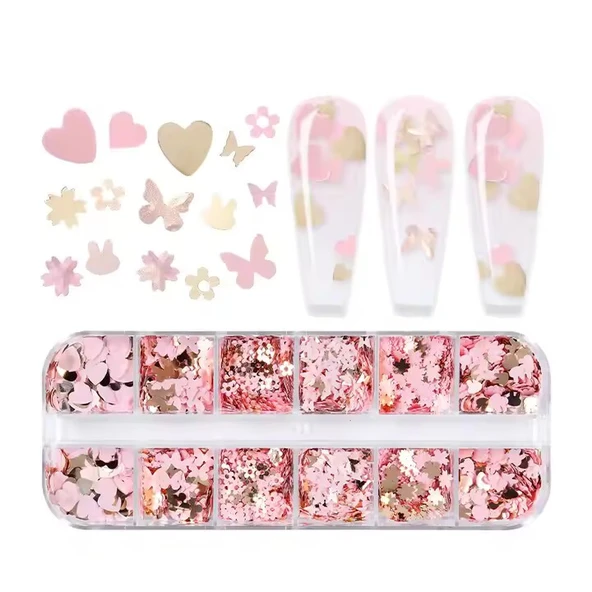 Pembe ve Gold Tırnak Süsleme Folyo Pulları Karışık Dizayn Kelebek Kalp Tavşan Çiçek Nail Art ürün görseli 1