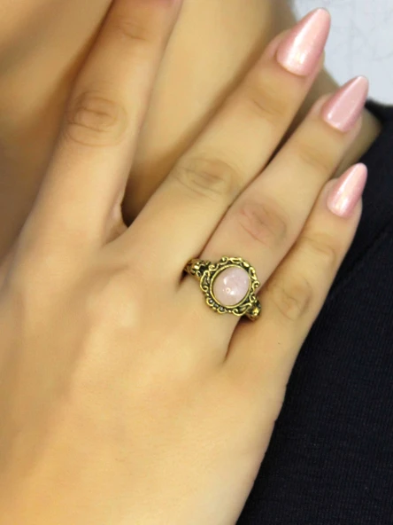 Doğal Taş Pembe Kuvars Taşlı Antik Model Kadın Ayarlanabillir Yüzük euy80pk ürün görseli 1