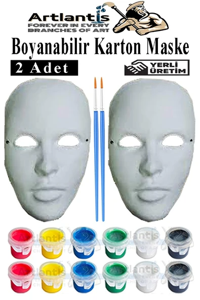 Maske Boyama 2 li 1 Paket Boyanabilir Karton Maske Lastikli İnsan Yüzü Suratı Yerli Üretim Fırça Akrilik Boya 6 Renk ürün görseli 1