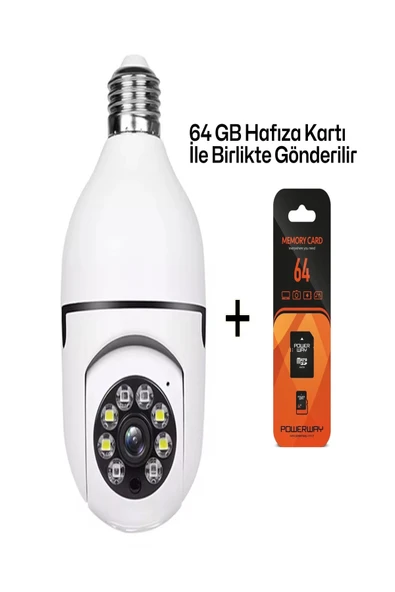 BAYINDIRELEKTRONİK 1080P FHD Ampul Kamera Balık Gözü Lens 360 Panoramik Balıkgözü Ampul Kamera + 64GB Hafıza Kart ürün görseli 1