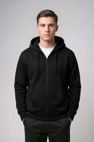 Erkek Fermuarlı Kapüşonlu İçi Polarlı Siyah Sweatshirt ürün görseli 1