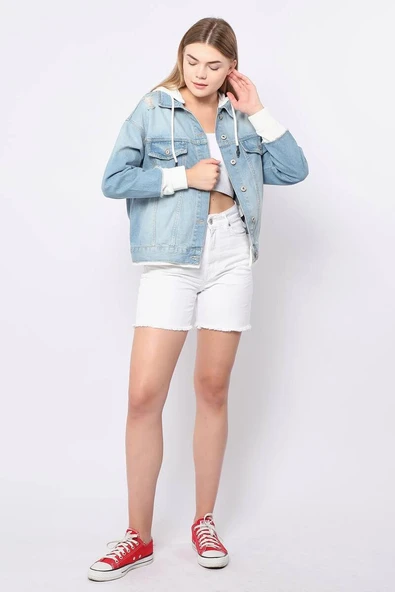Kadın Garnili Oversize Jean Ceket Açık Mavi - Resim 3